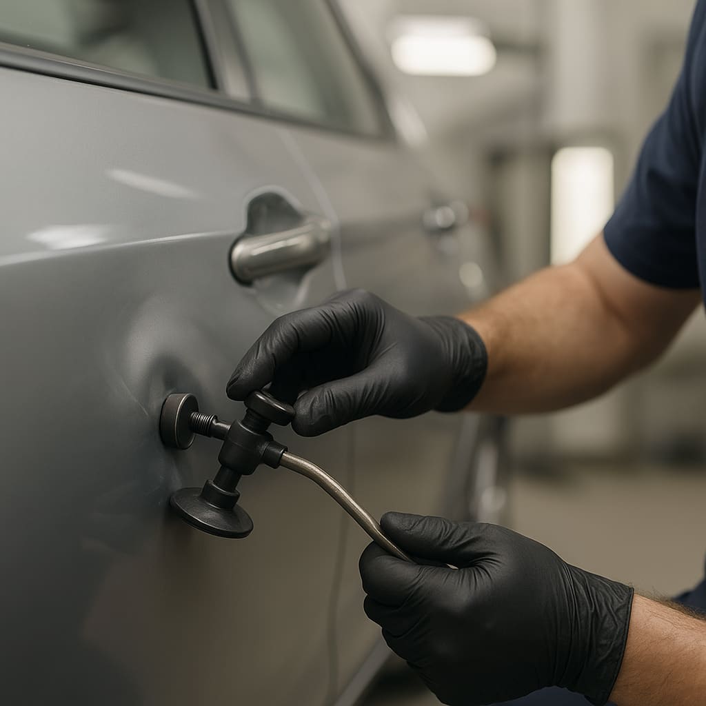 Techniker bei der Reparatur einer kleinen Delle an einem Fahrzeug