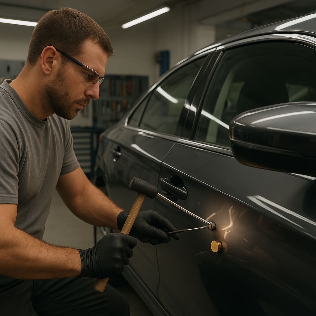 Techniker bei der lackschadenfreien Dellenentfernung an einer Fahrzeugtür